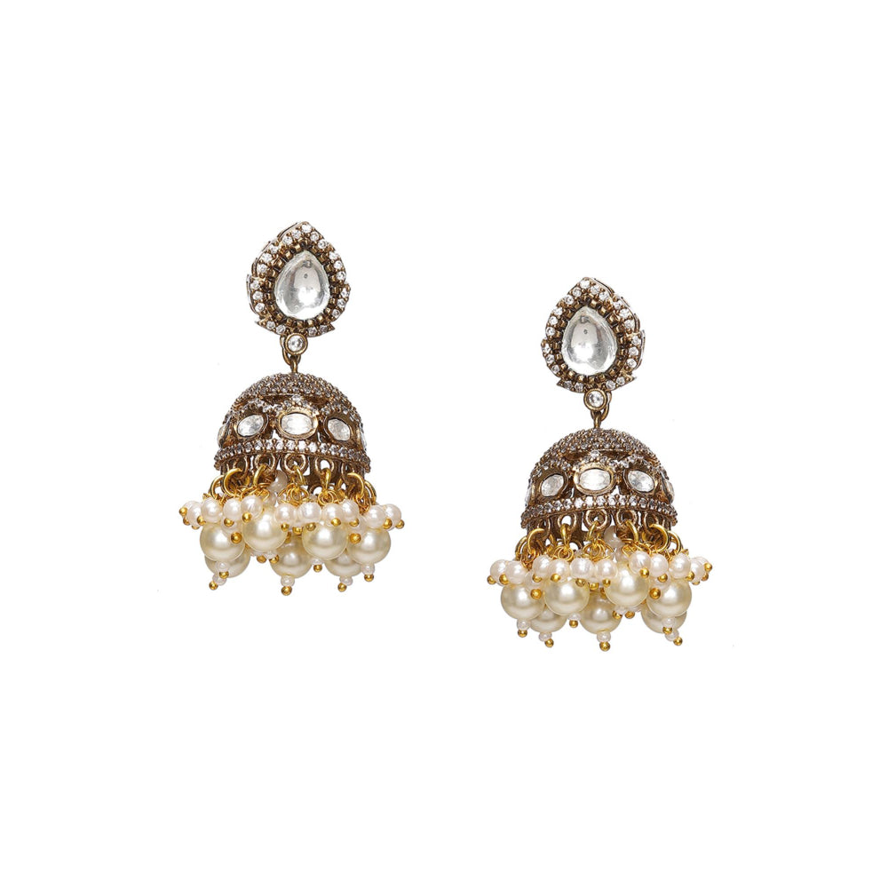 Ruby Raang Studio Kundan and Moissanite Choker In Pearls Necklace with Matching Jhumki Earrings