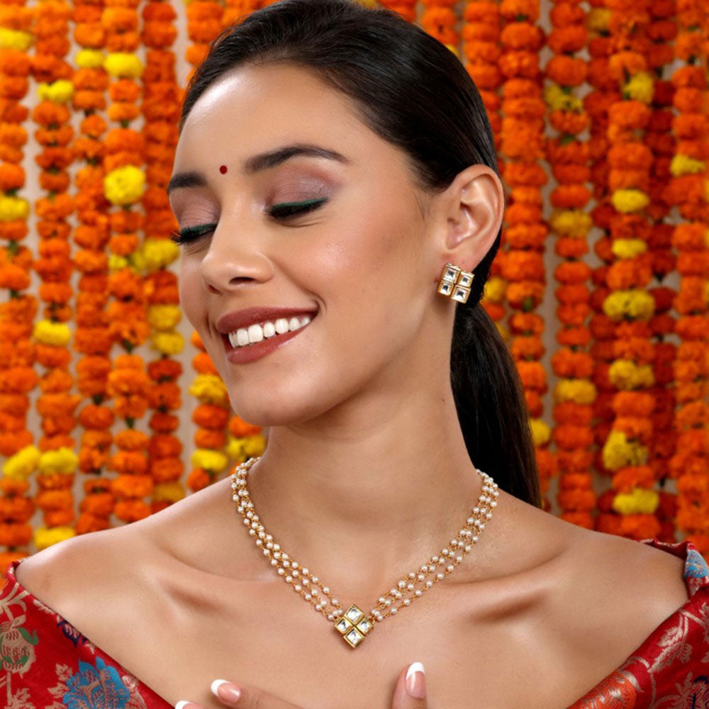 Ruby Raang Studio Kundan In Pearl String Necklace with Matching Studs