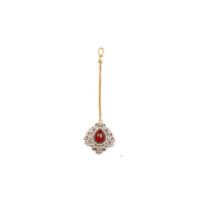 Ruby Raang Studio Maroon Onyx Stone & Moissanite Necklace with Matching Earrings and Maang Tikka