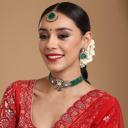 Ruby Raang Studio Emerald Stone & Kundan Green Onyx Necklace with Matching Earrings and Maang Tikka