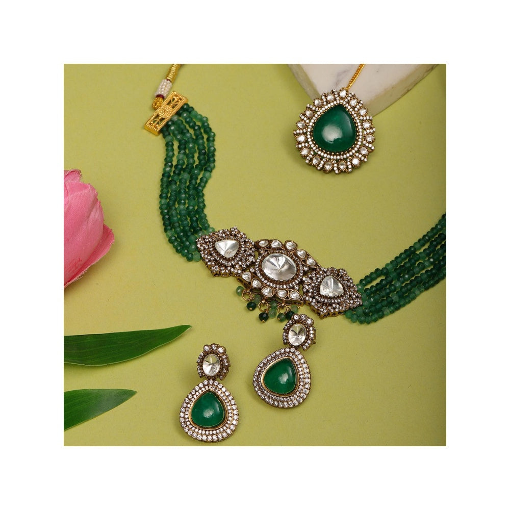 Ruby Raang Studio Emerald Stone & Kundan Green Onyx Necklace with Matching Earrings and Maang Tikka
