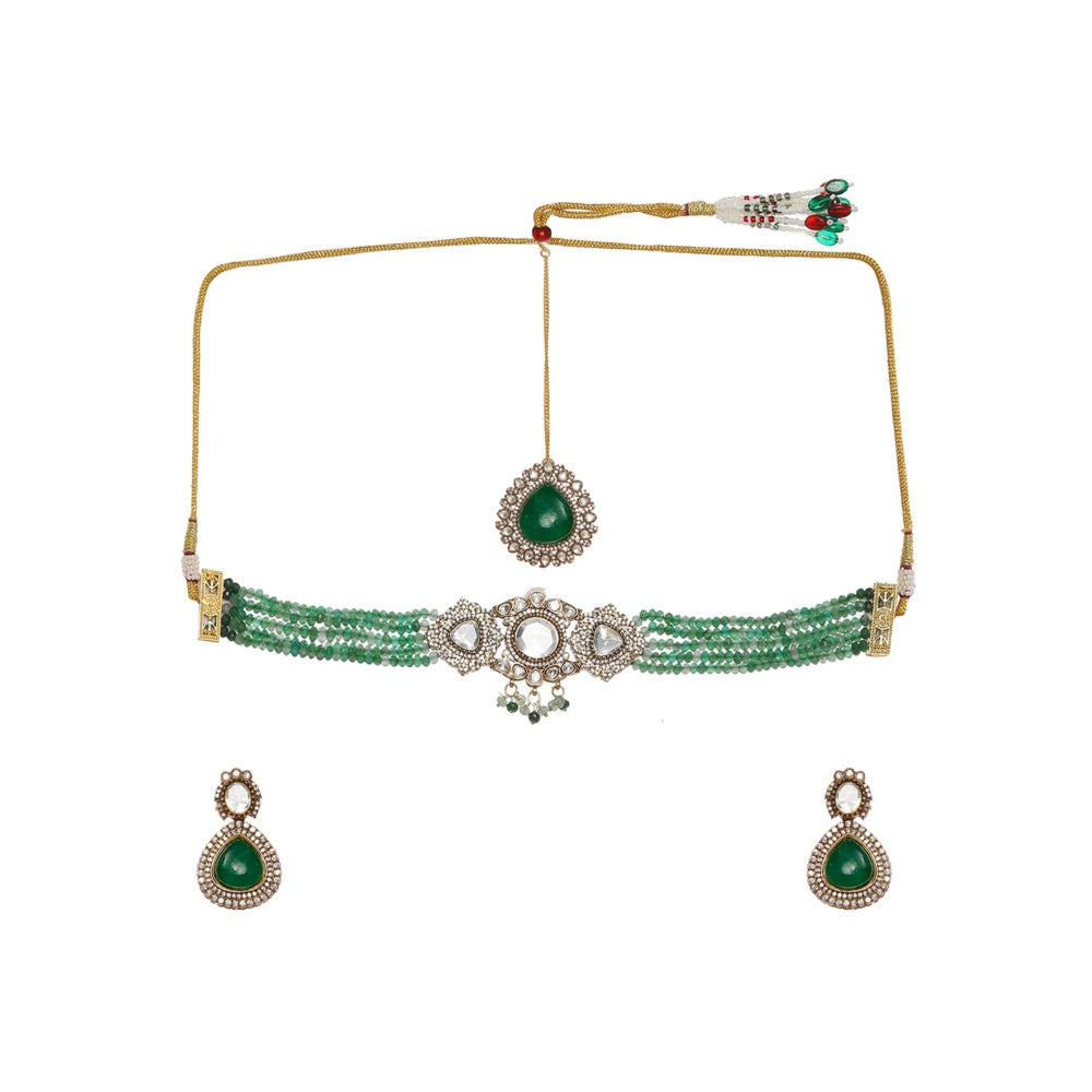 Ruby Raang Studio Emerald Stone & Kundan Green Onyx Necklace with Matching Earrings and Maang Tikka