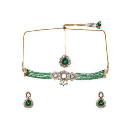 Ruby Raang Studio Emerald Stone & Kundan Green Onyx Necklace with Matching Earrings and Maang Tikka