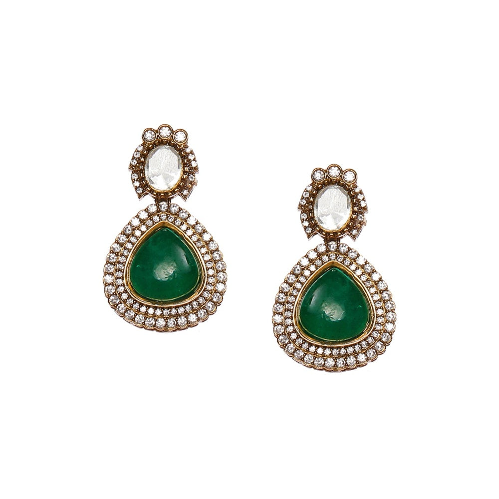 Ruby Raang Studio Emerald Stone & Kundan Green Onyx Necklace with Matching Earrings and Maang Tikka