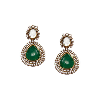 Ruby Raang Studio Emerald Stone & Kundan Green Onyx Necklace with Matching Earrings and Maang Tikka