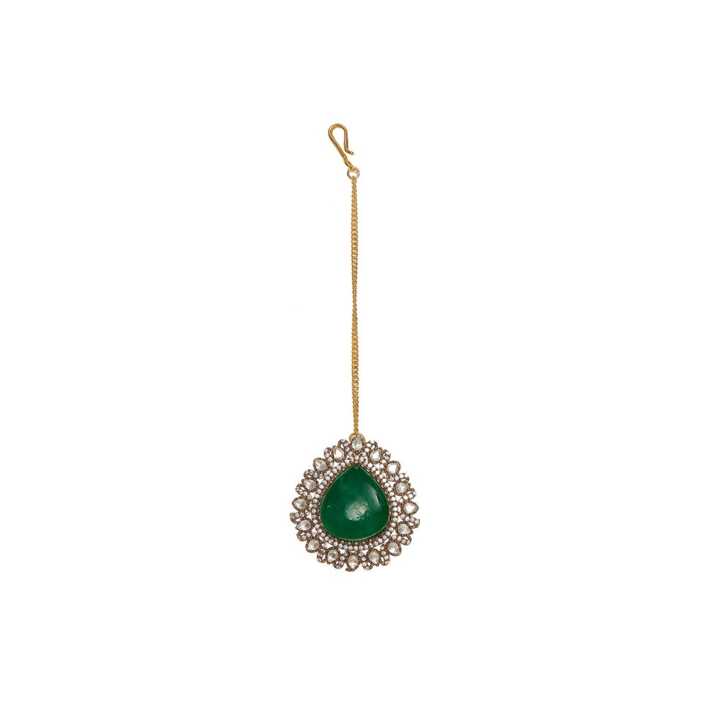 Ruby Raang Studio Emerald Stone & Kundan Green Onyx Necklace with Matching Earrings and Maang Tikka