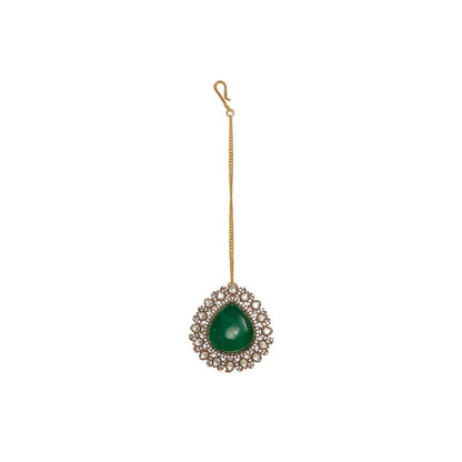 Ruby Raang Studio Emerald Stone & Kundan Green Onyx Necklace with Matching Earrings and Maang Tikka