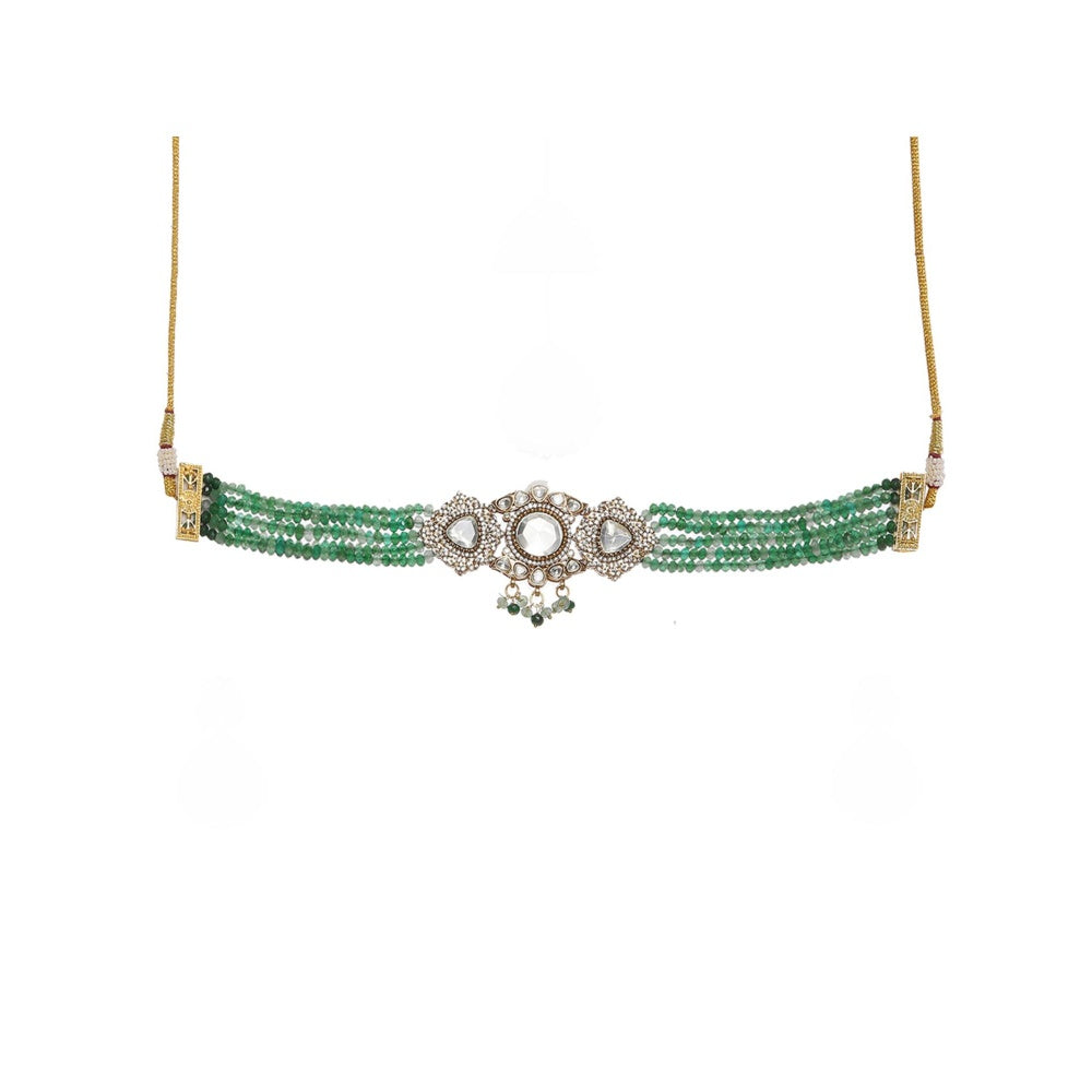 Ruby Raang Studio Emerald Stone & Kundan Green Onyx Necklace with Matching Earrings and Maang Tikka