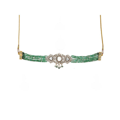 Ruby Raang Studio Emerald Stone & Kundan Green Onyx Necklace with Matching Earrings and Maang Tikka