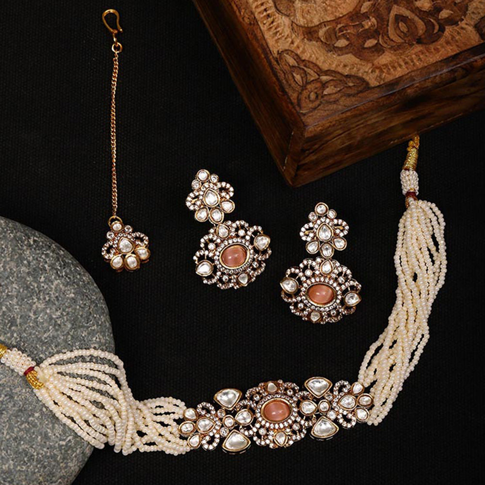 Ruby Raang Studio Stone and Moissanite Kundan Pearls Necklace with Matching Earrings and Maang Tikka