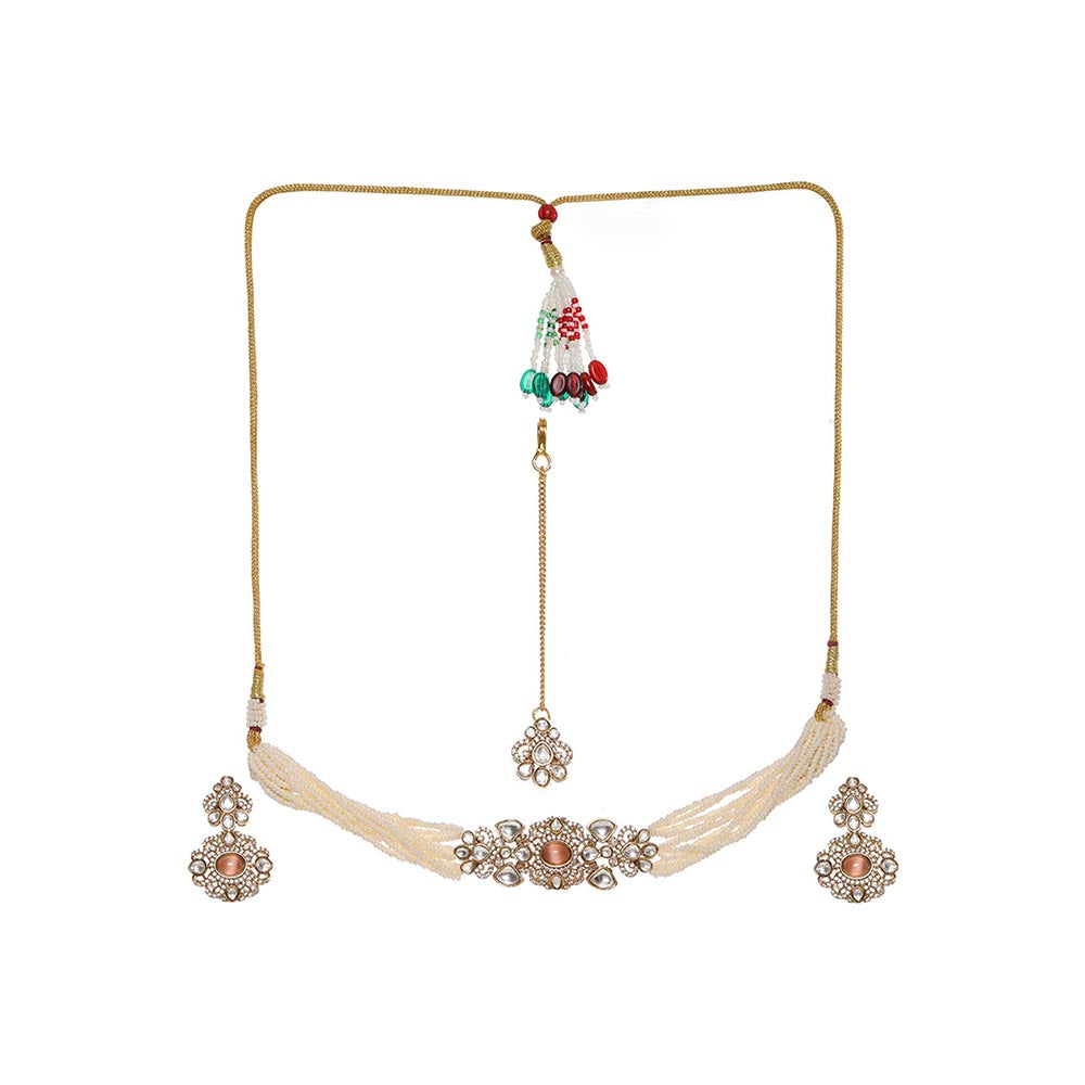 Ruby Raang Studio Stone and Moissanite Kundan Pearls Necklace with Matching Earrings and Maang Tikka