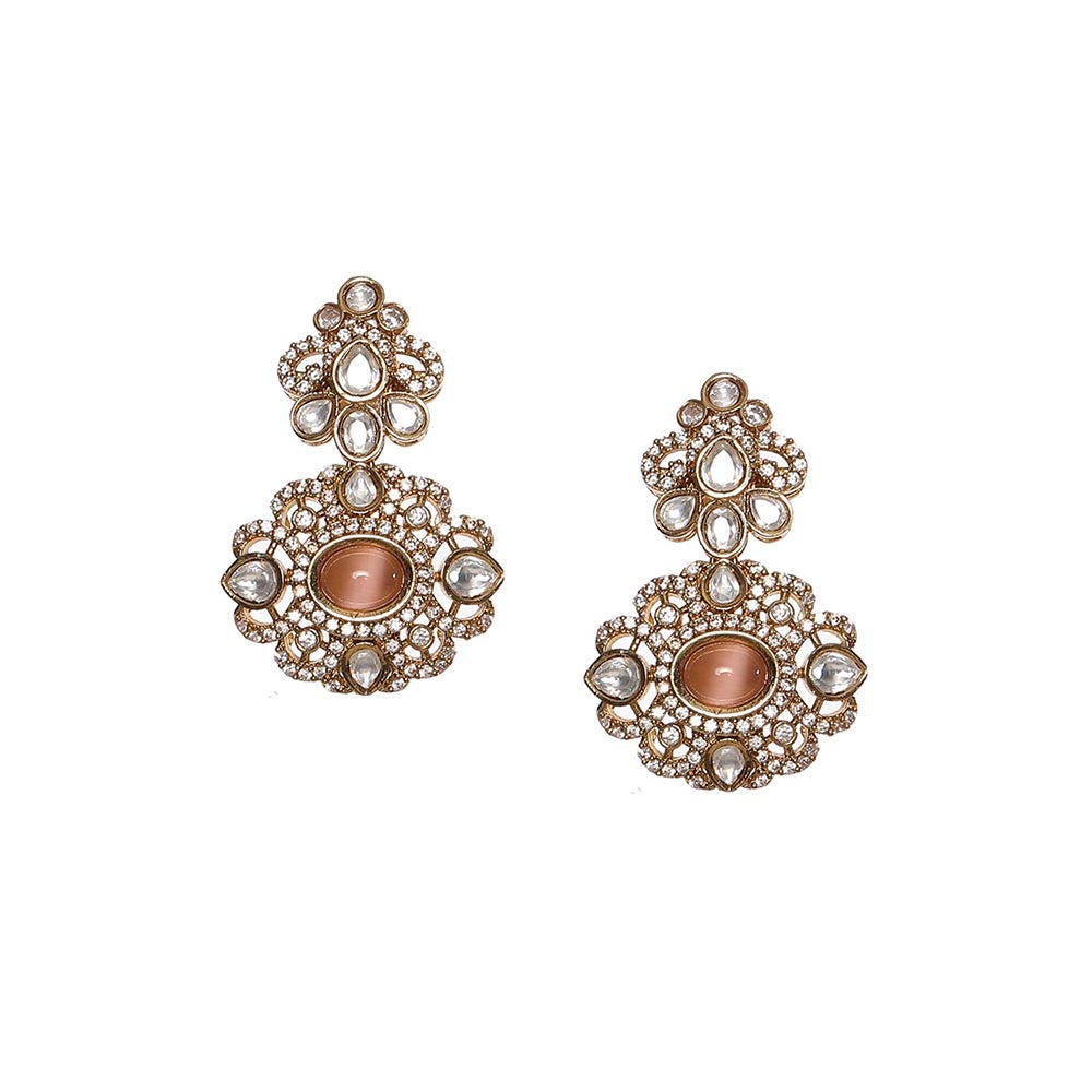 Ruby Raang Studio Stone and Moissanite Kundan Pearls Necklace with Matching Earrings and Maang Tikka