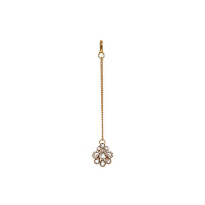 Ruby Raang Studio Stone and Moissanite Kundan Pearls Necklace with Matching Earrings and Maang Tikka