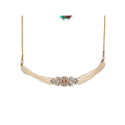 Ruby Raang Studio Stone and Moissanite Kundan Pearls Necklace with Matching Earrings and Maang Tikka