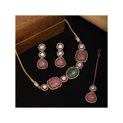 Ruby Raang Studio Multi Stone & Moissanite Choker Necklace with Matching Earrings and Maang Tikka