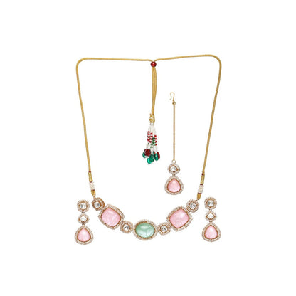 Ruby Raang Studio Multi Stone & Moissanite Choker Necklace with Matching Earrings and Maang Tikka