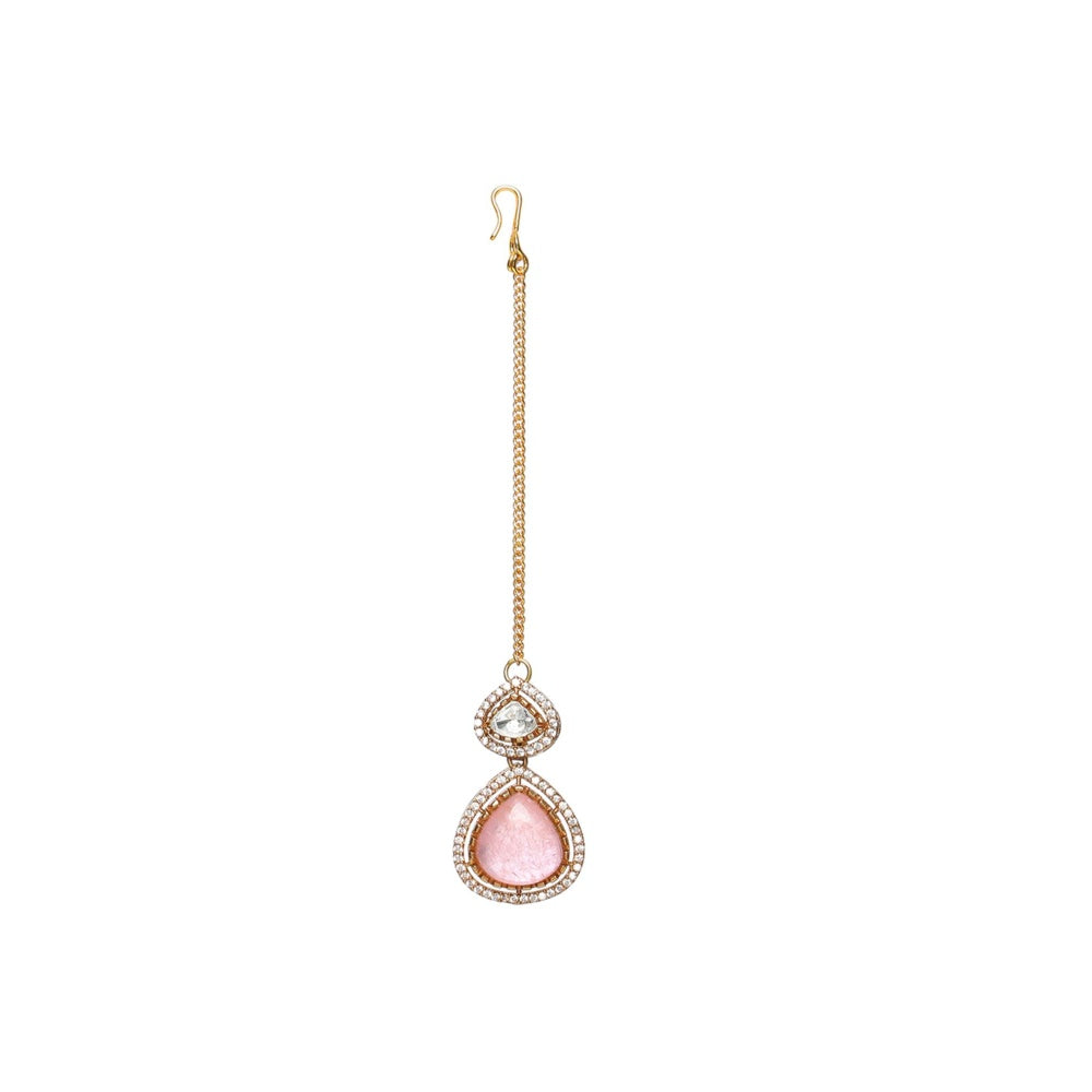 Ruby Raang Studio Multi Stone & Moissanite Choker Necklace with Matching Earrings and Maang Tikka