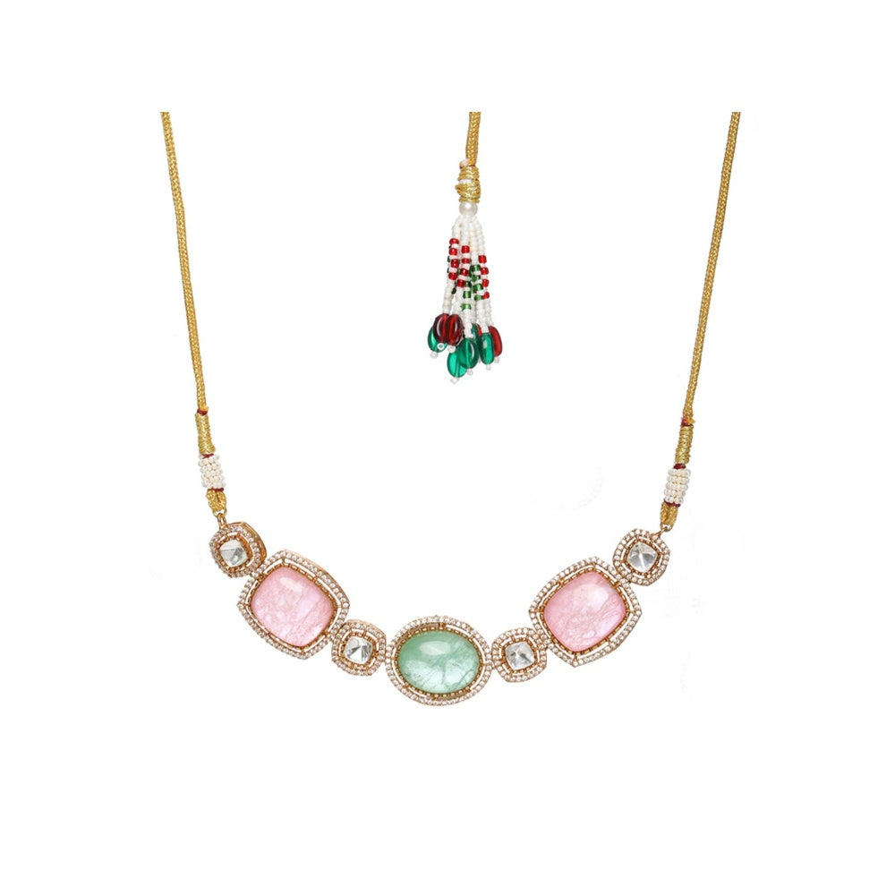 Ruby Raang Studio Multi Stone & Moissanite Choker Necklace with Matching Earrings and Maang Tikka