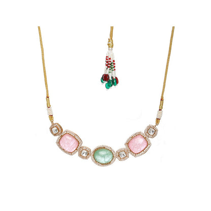 Ruby Raang Studio Multi Stone & Moissanite Choker Necklace with Matching Earrings and Maang Tikka