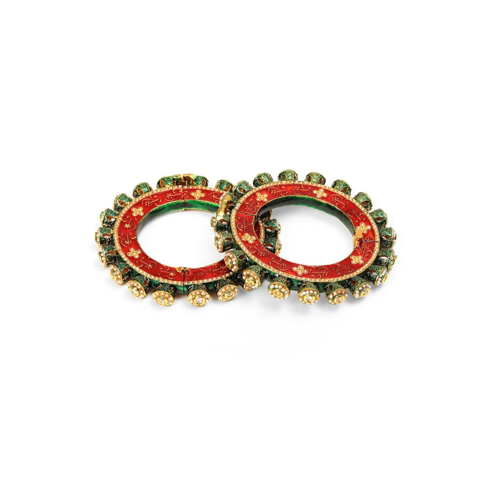 Ruby Raang Studio Handcrafted Heavy Bangles Green and Red, Gold (Set of 2)