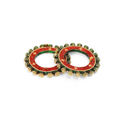 Ruby Raang Studio Handcrafted Heavy Bangles Green and Red, Gold (Set of 2)