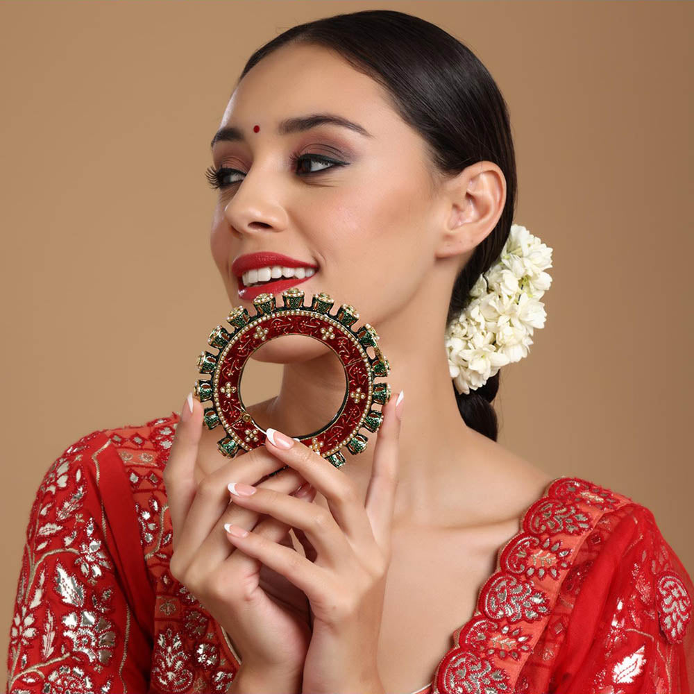 Ruby Raang Studio Handcrafted Pearl Heavy Bangle Green and Red, White