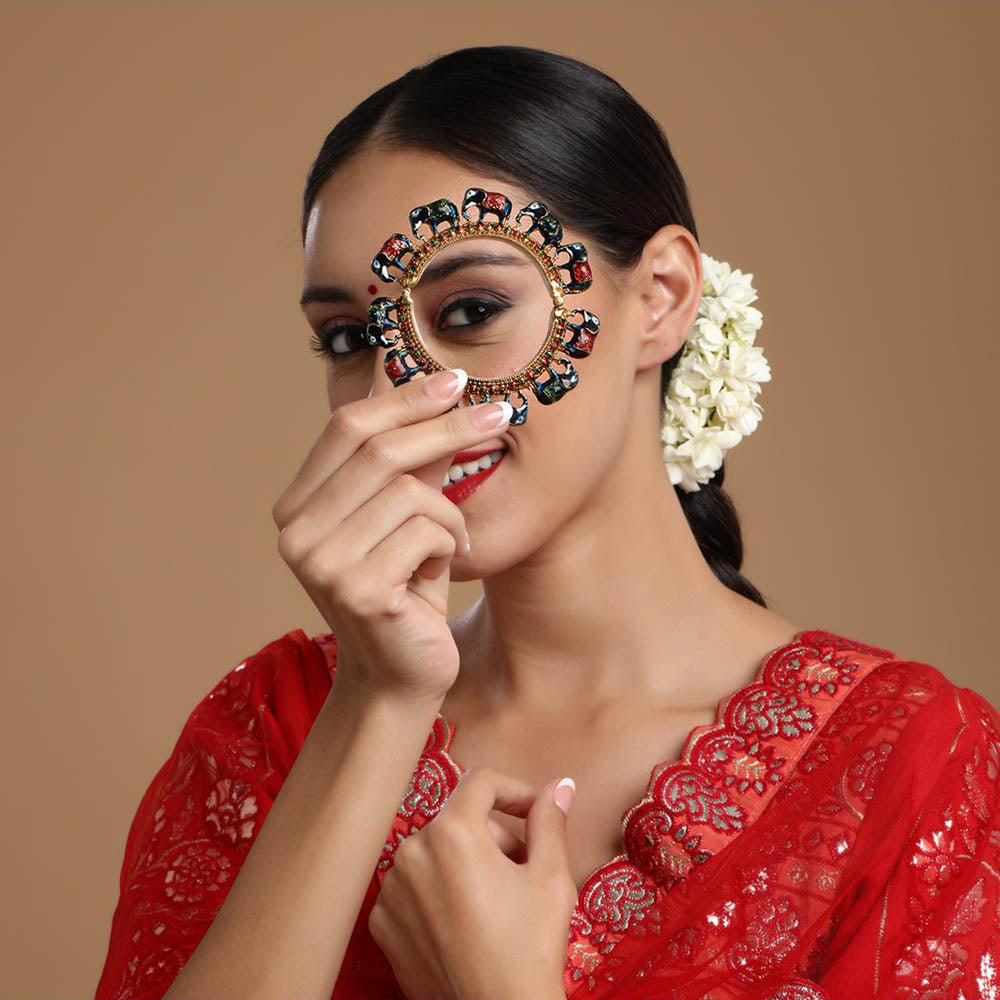 Ruby Raang Studio Handcrafted Kundan Heavy Bangle Green and Red, Blue