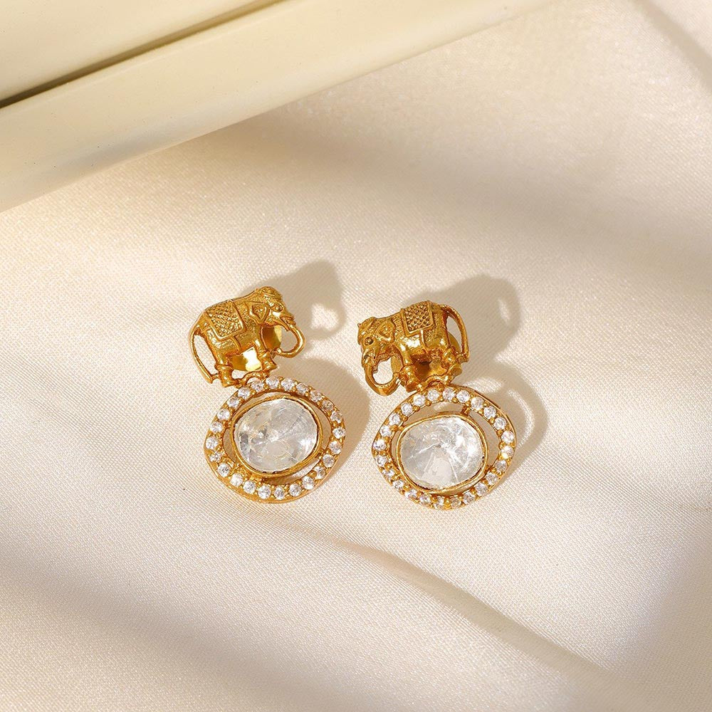 Ruby Raang Studio Elephant Studs With Kundan Drops -White
