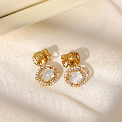 Ruby Raang Studio Elephant Studs With Kundan Drops -White