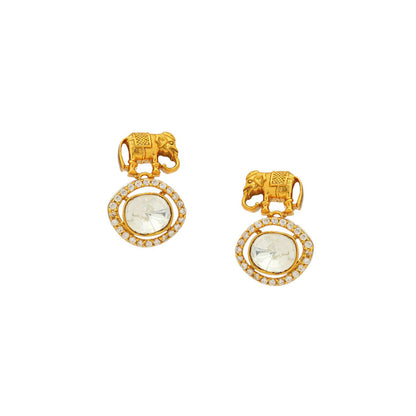 Ruby Raang Studio Elephant Studs With Kundan Drops -White