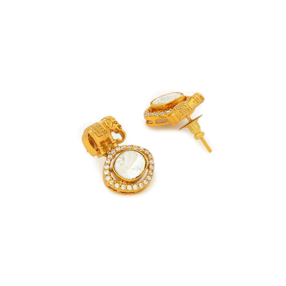 Ruby Raang Studio Elephant Studs With Kundan Drops -White