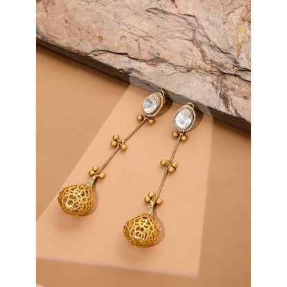 Ruby Raang Studio Glass Kundan Antique Finish Long Earrings -White