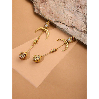 Ruby Raang Studio Glass Kundan Gold Plated Long Earrings -White