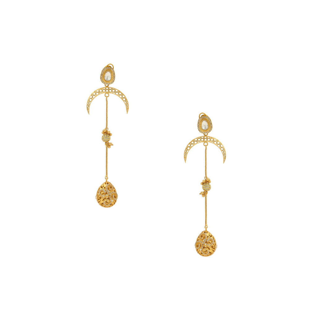 Ruby Raang Studio Glass Kundan Gold Plated Long Earrings -White
