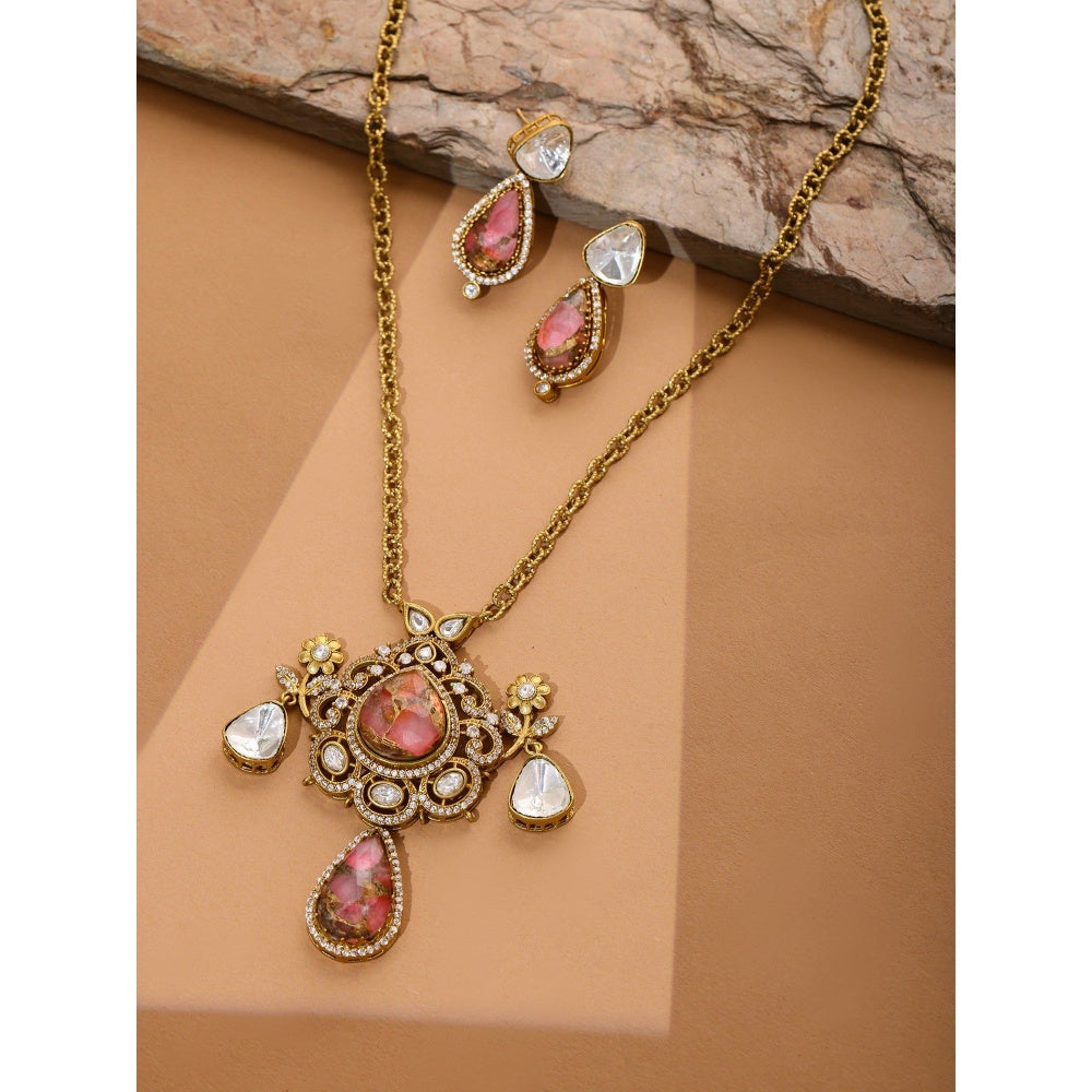 Ruby Raang Studio Natural Stones Earrings & Necklace Set -Multi-Color