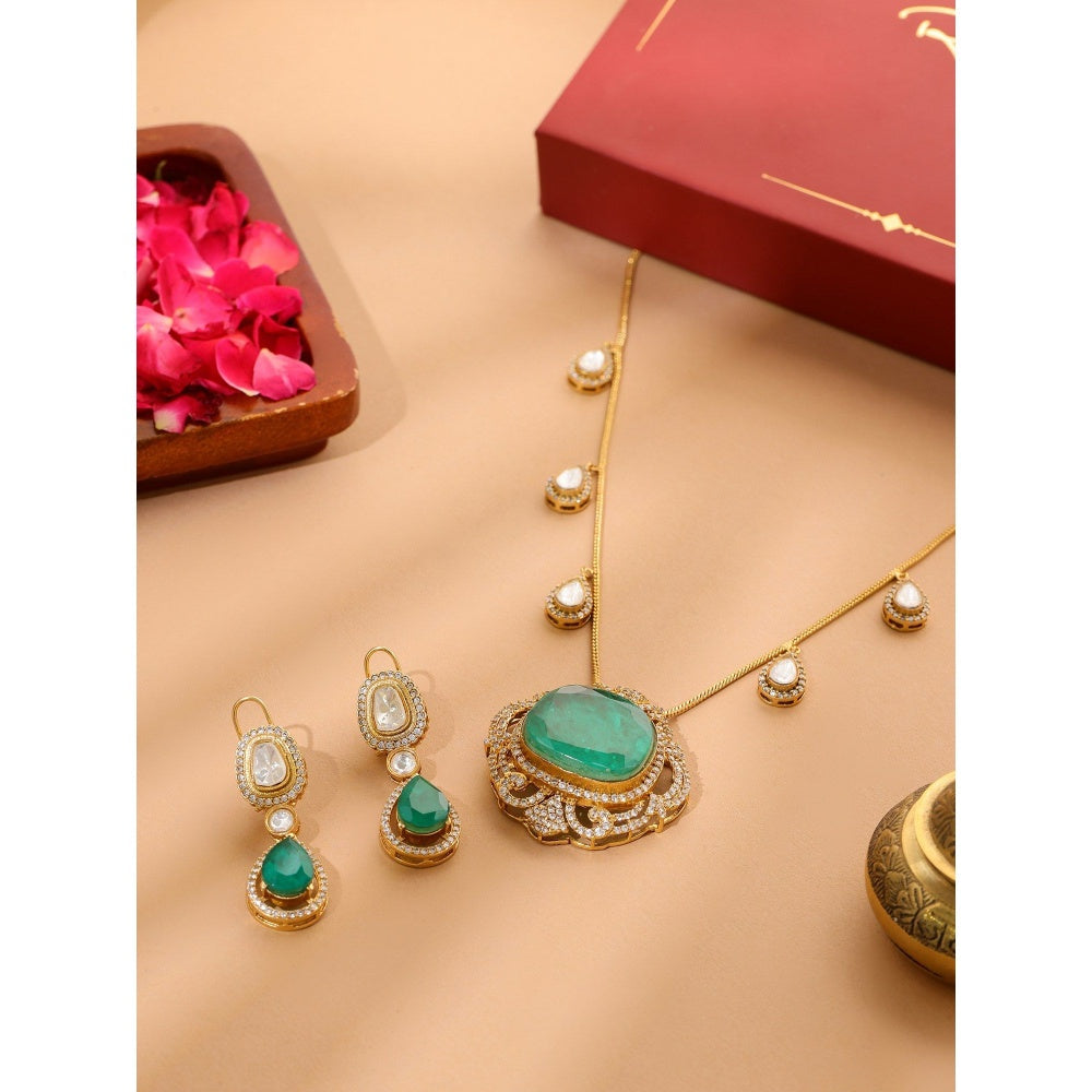 Ruby Raang Studio Natural Stones Antique Finish Earrings & Necklace Set -Multi-Color