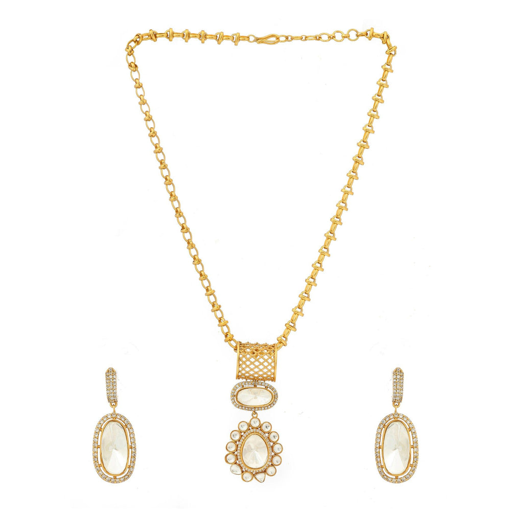 Ruby Raang Studio Kundan Antique Finish Earrings & Necklace Set -White