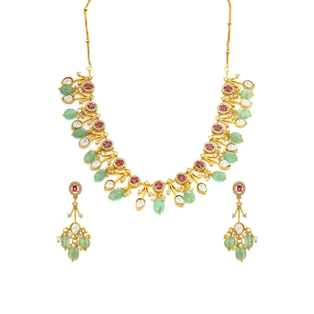 Ruby Raang Studio Natural Stones Antique Finish Earrings & Choker Necklace Set -Multi-Color