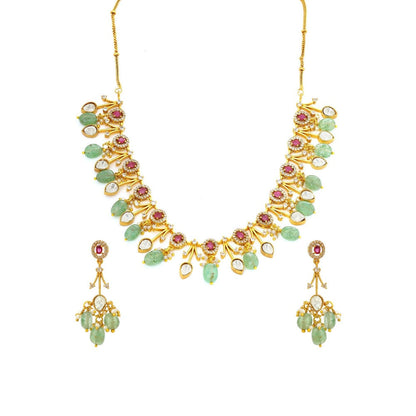 Ruby Raang Studio Natural Stones Antique Finish Earrings & Choker Necklace Set -Multi-Color