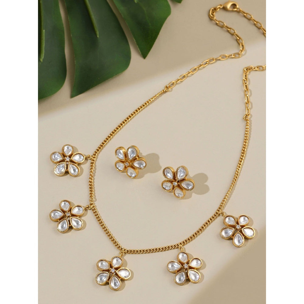 Ruby Raang Studio Kundan Antique Finish Floral Earrings & Necklace Set -White