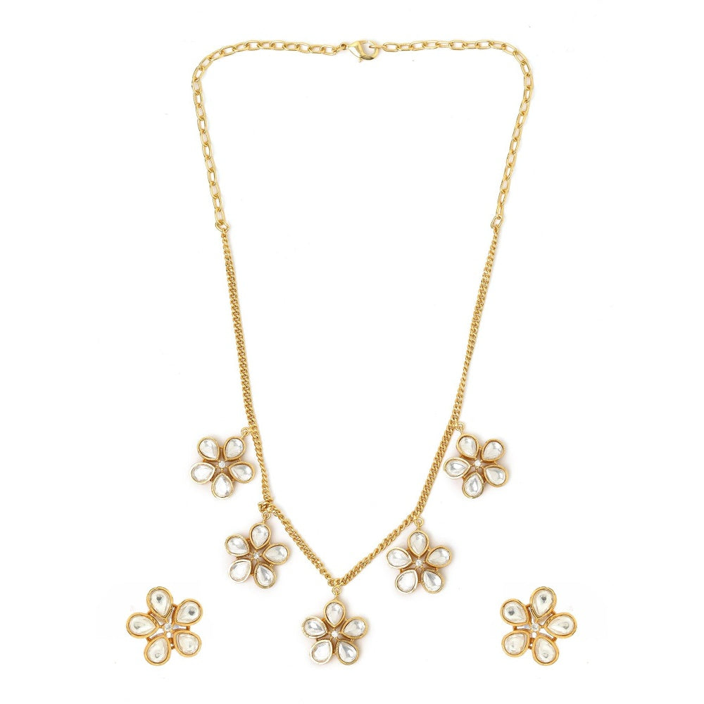 Ruby Raang Studio Kundan Antique Finish Floral Earrings & Necklace Set -White
