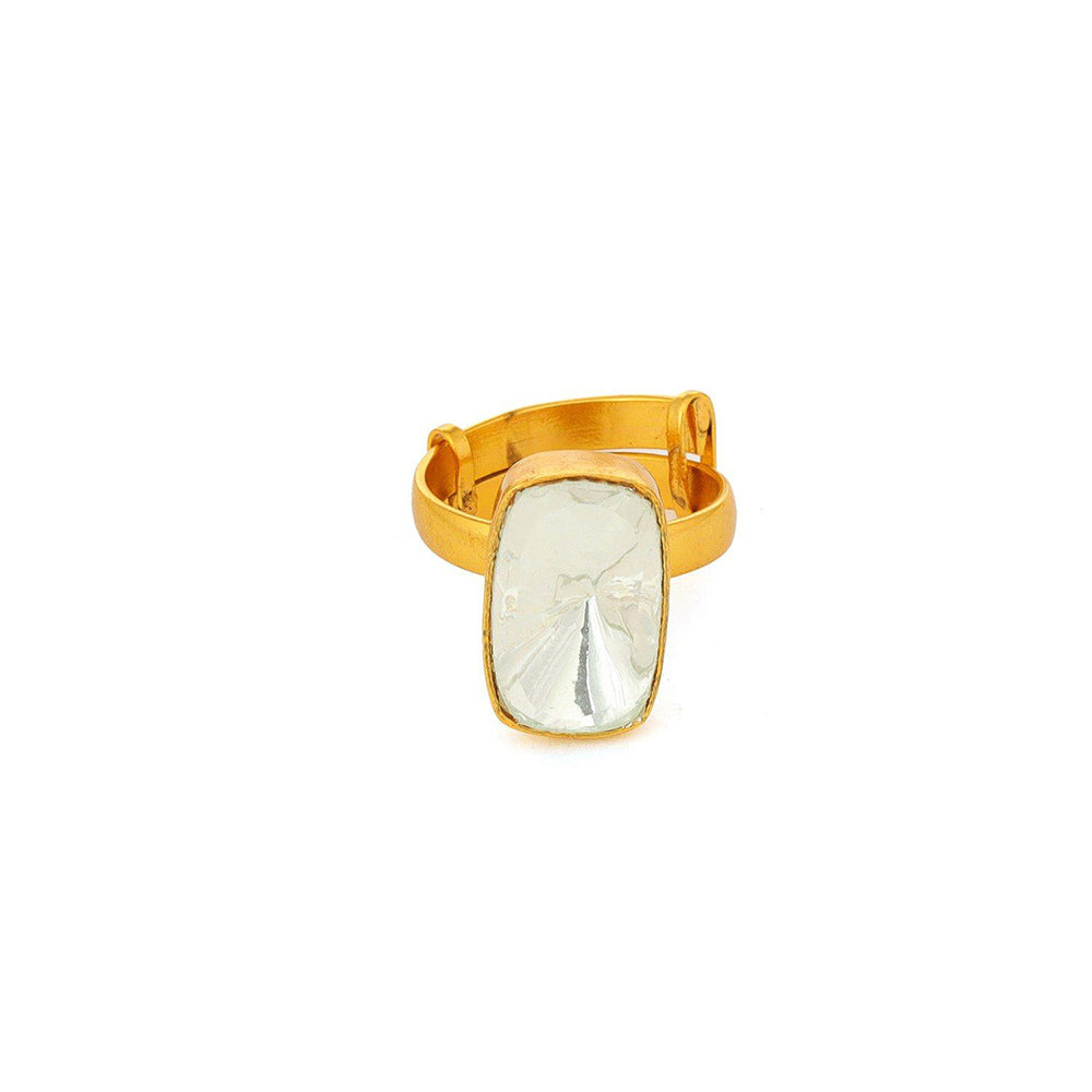 Ruby Raang Studio Kundan Gold Plated Emarald Cut Ring -White