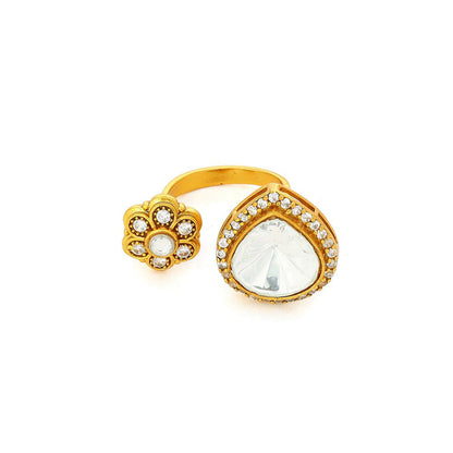 Ruby Raang Studio Kundan Gold Plated Hexagon & Pear Ring -White