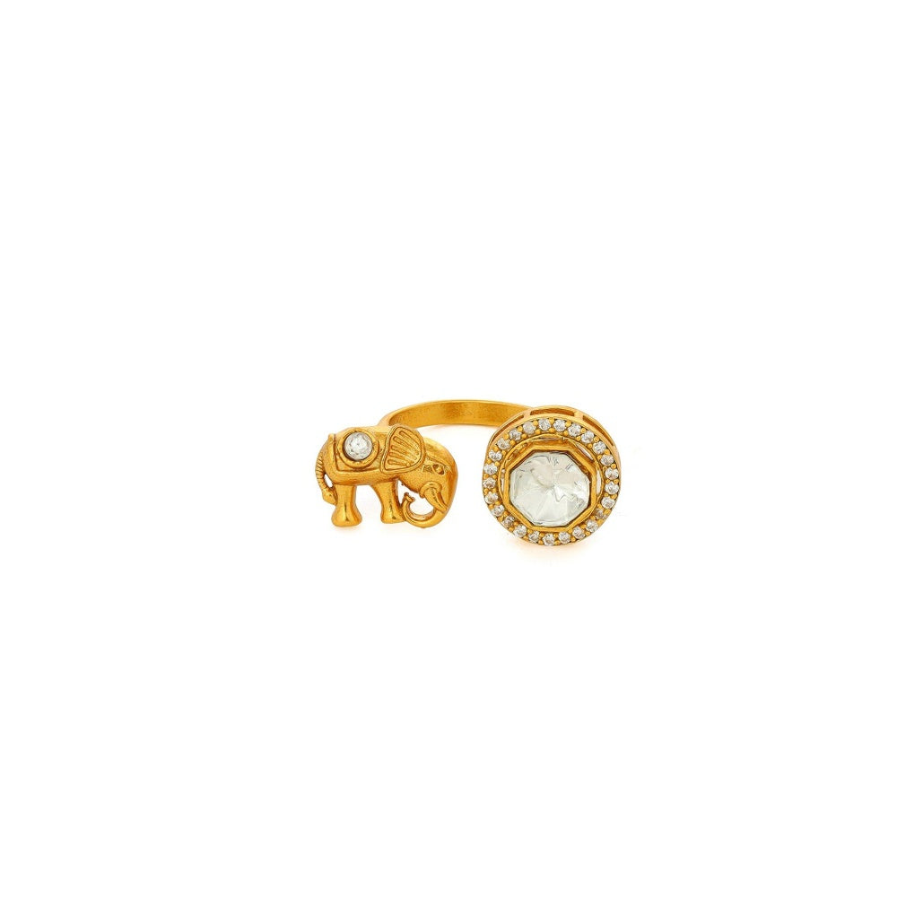 Ruby Raang Studio Kundan Gold Plated Elephant & Round Ring -White