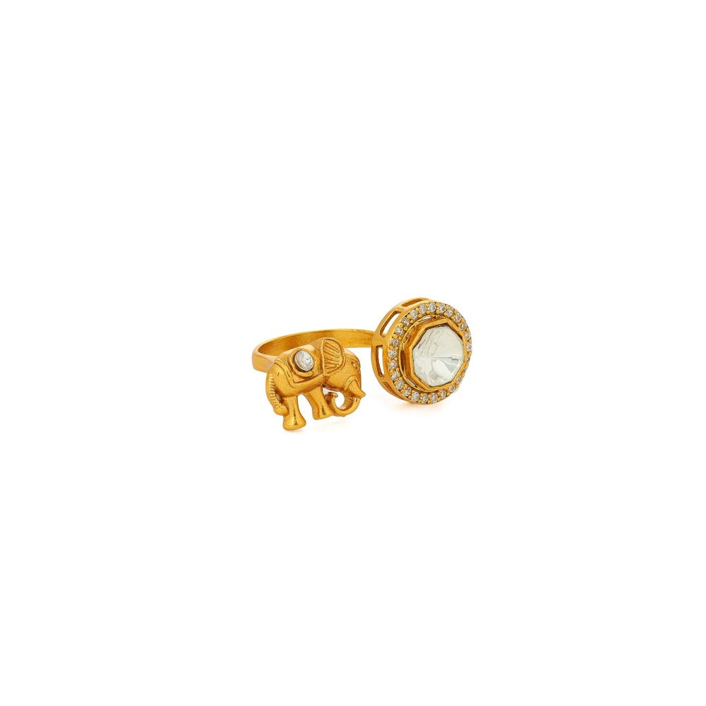 Ruby Raang Studio Kundan Gold Plated Elephant & Round Ring -White