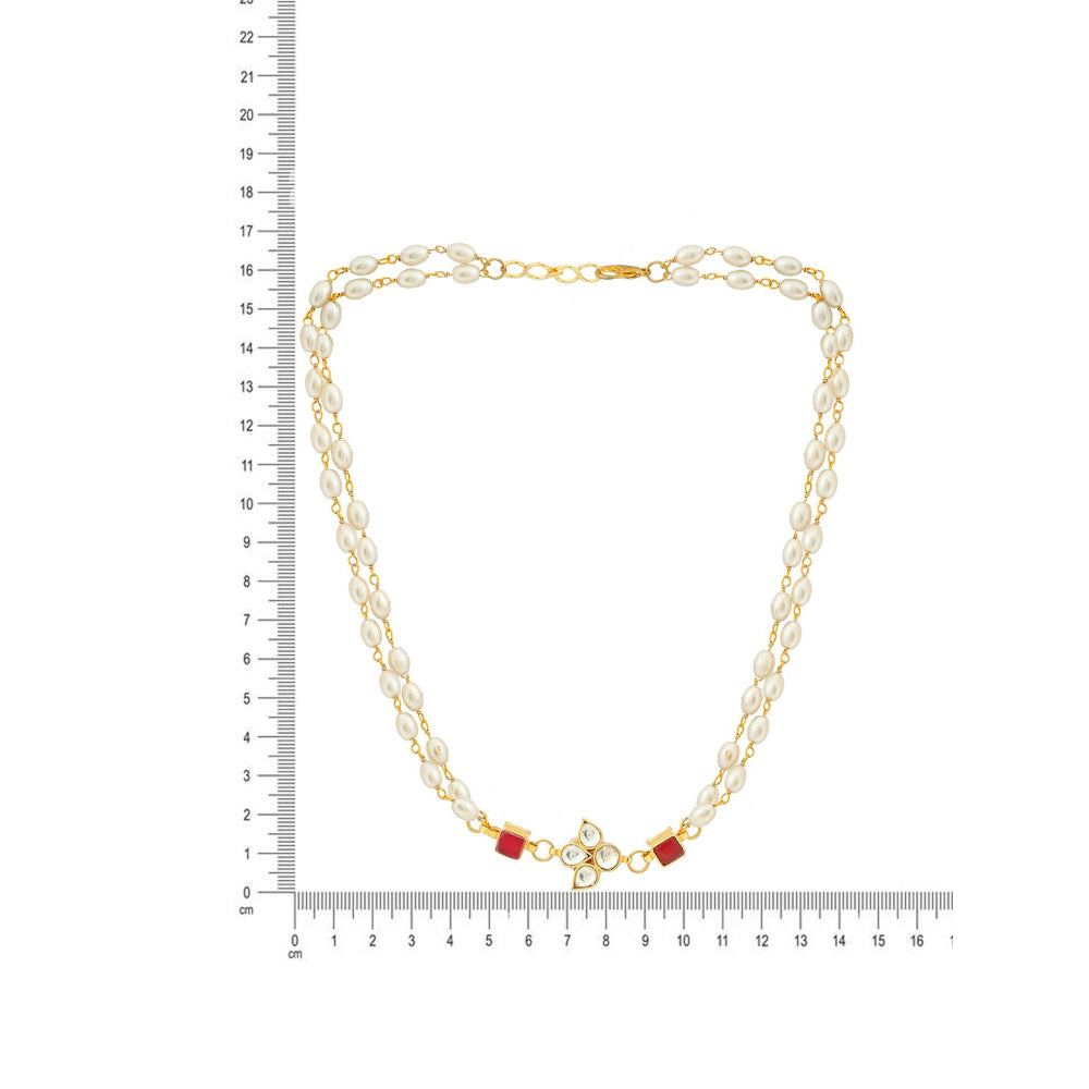 Ruby Raang Studio White & Red Beaded Gold Plated Flower Kundan Necklace