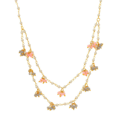 Ruby Raang Studio Beaded Pearl Necklace With Grey & Pink Colourful Motifs -White