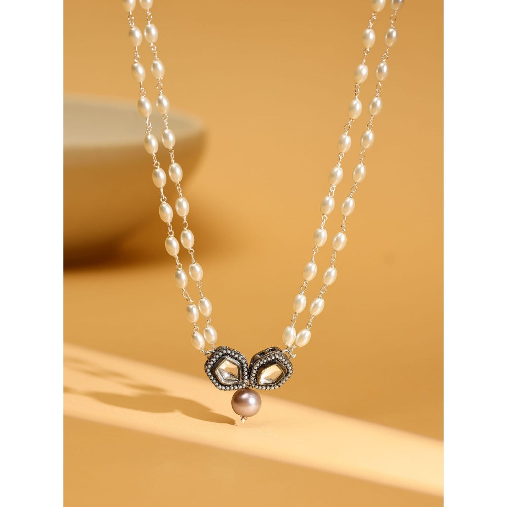 Ruby Raang Studio Beaded Chain With Kundan Drop Necklace -White