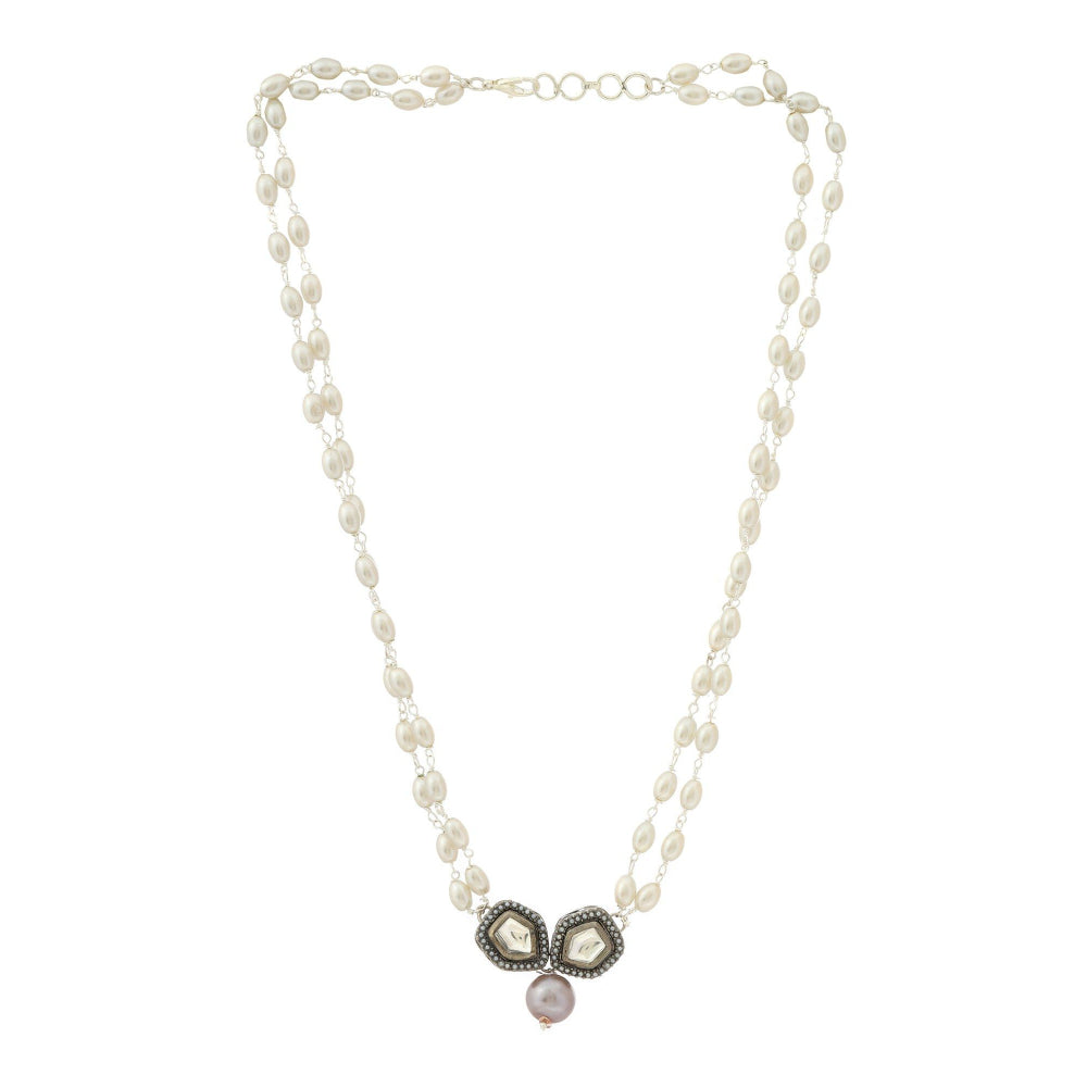 Ruby Raang Studio Beaded Chain With Kundan Drop Necklace -White