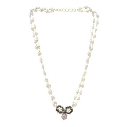 Ruby Raang Studio Beaded Chain With Kundan Drop Necklace -White